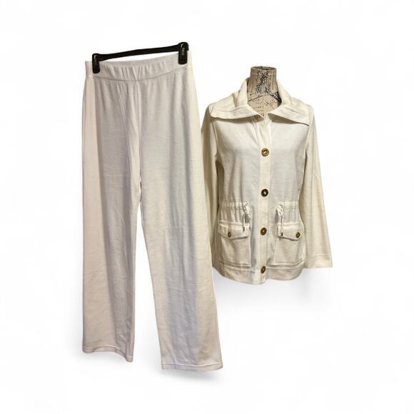 Jones New York Signature Medium Cream Velour track suit set snap front jacket - Picture 2 of 10